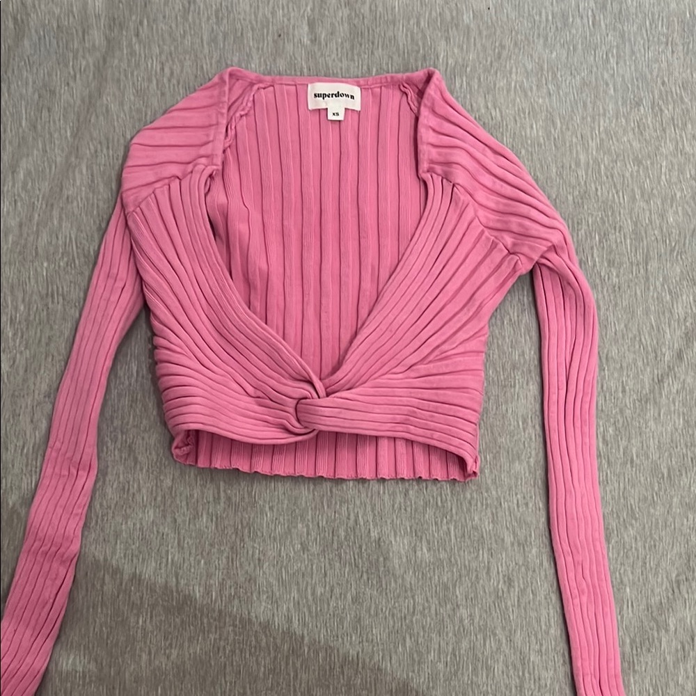 Superdown Pink Ribbed Twist-Front Top